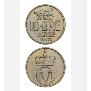 Vintage 1972 Norwegian 10 Øre Coin